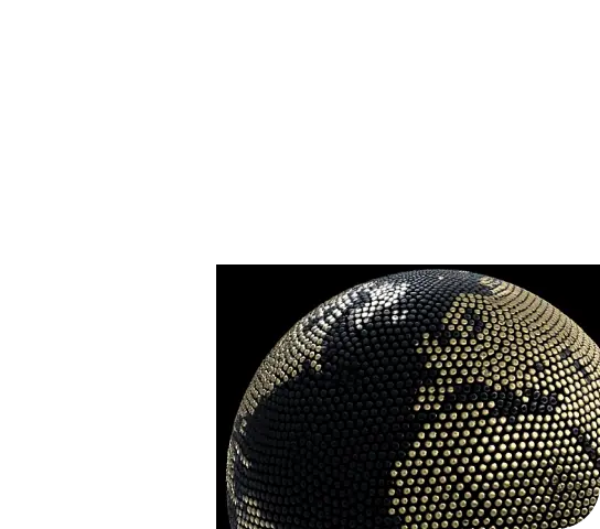 3D globe made of small black and gold spheres against a black background.